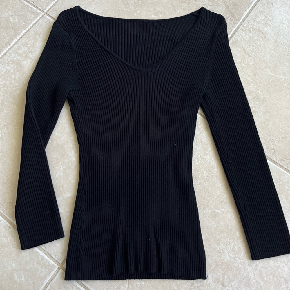 💌 Black Thick Fitted Long Sleeve V-Neck Top